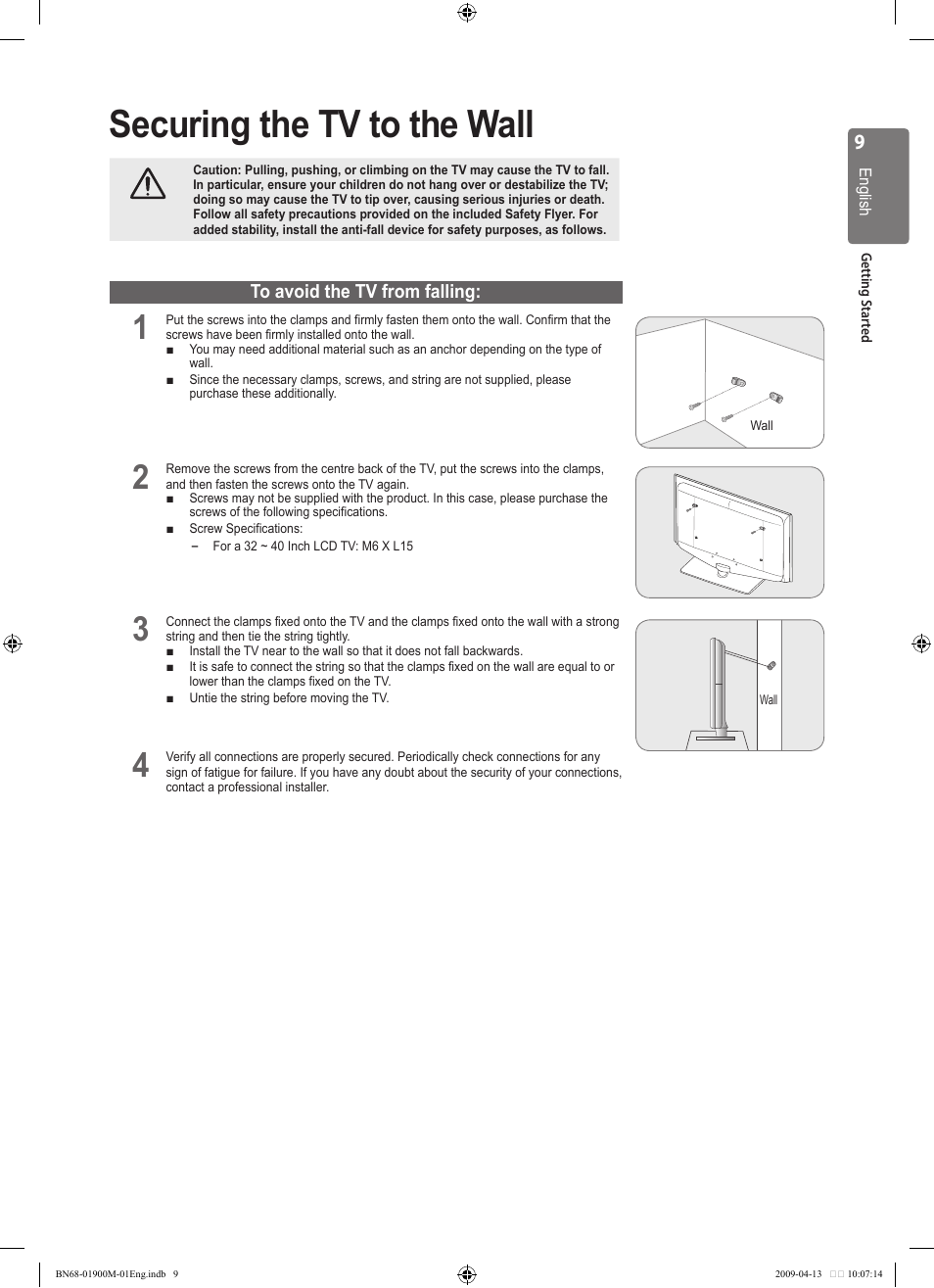 Securing the tv to the wall | Samsung BN68-01900M-01 User Manual | Page 9 / 107