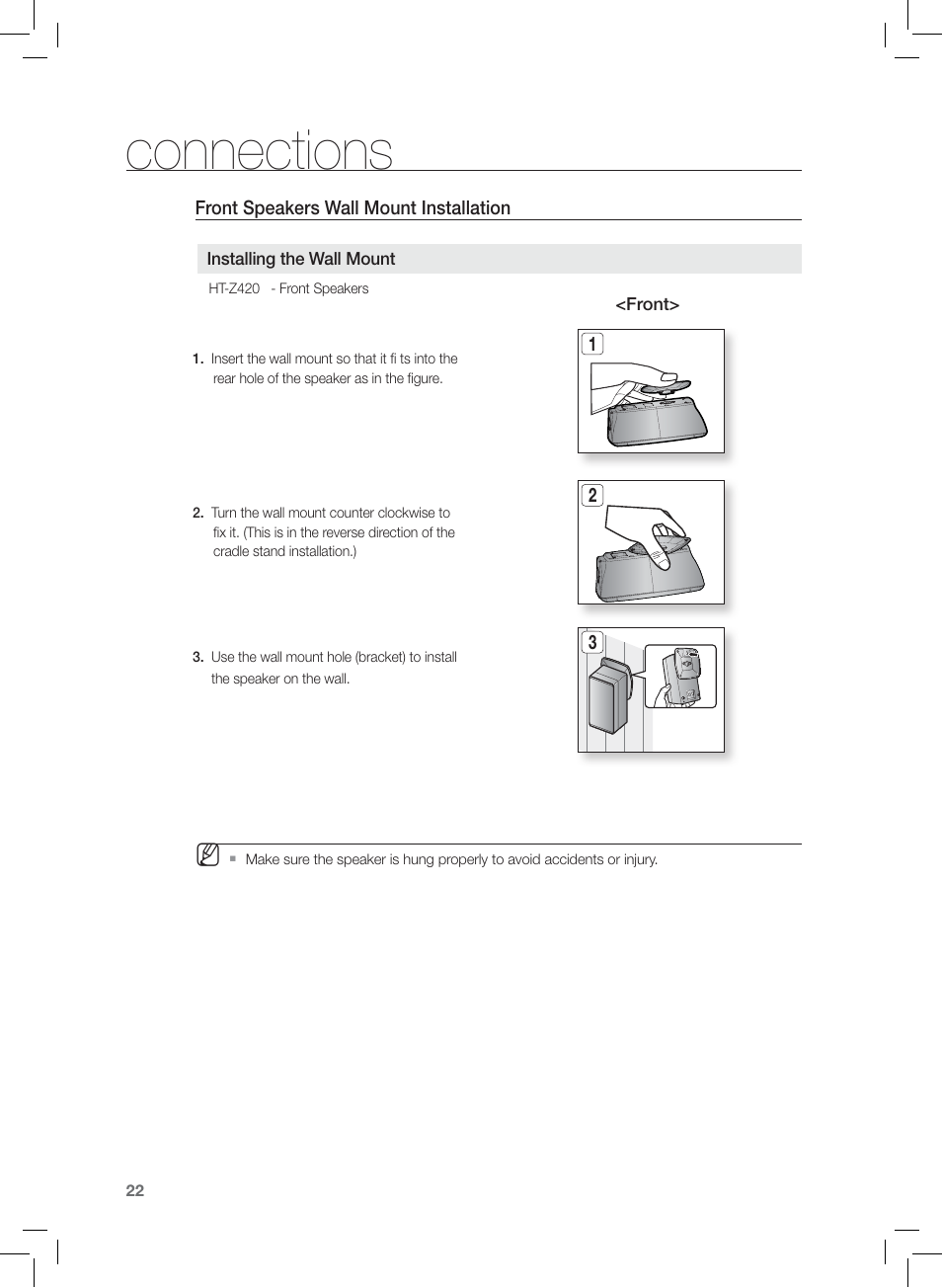 Front speakers wall mount installation, Connections | Samsung AH68-02166R User Manual | Page 22 / 78