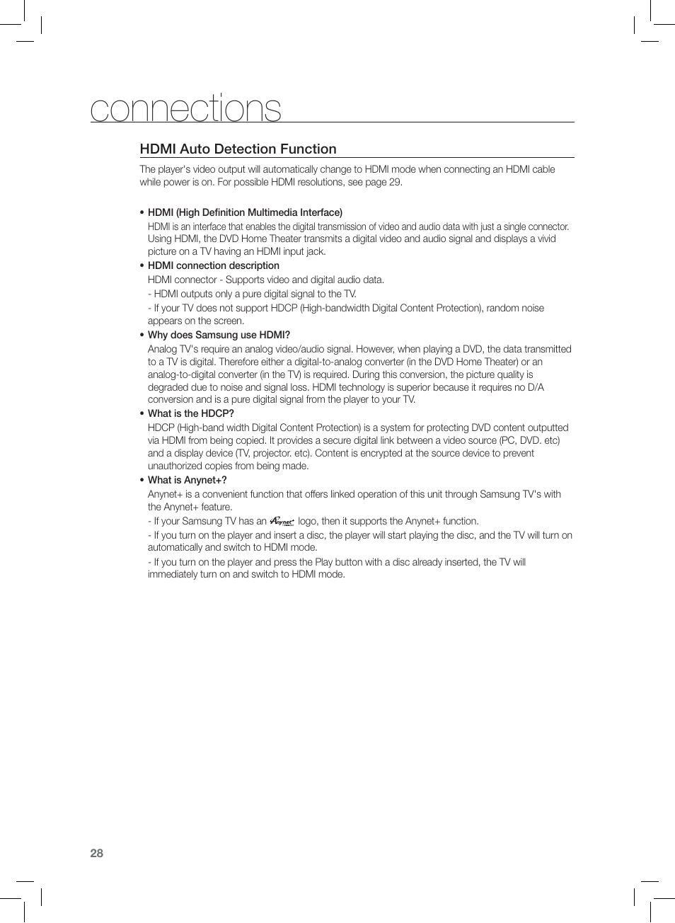 Hdmi auto detection function, Connections | Samsung AH68-02166R User Manual | Page 28 / 78