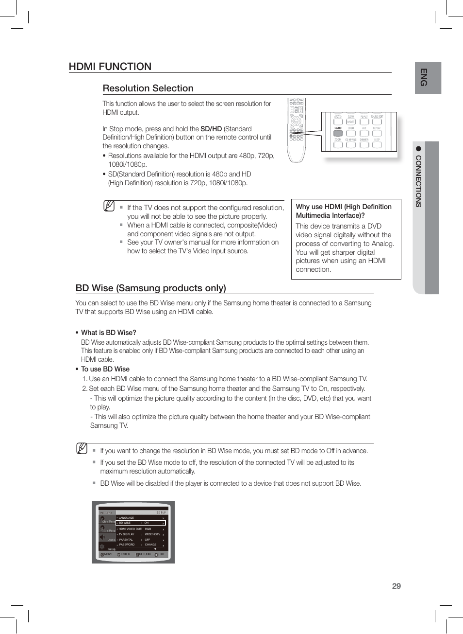Resolution selection, Bd wise (samsung products only), Hdmi function | En g | Samsung AH68-02166R User Manual | Page 29 / 78