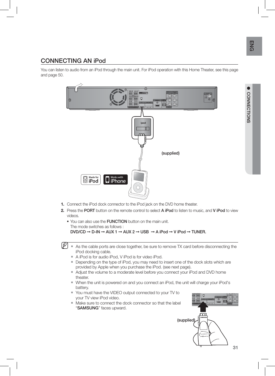 Conecting an ipod, Connecting an ipod | Samsung AH68-02166R User Manual | Page 31 / 78