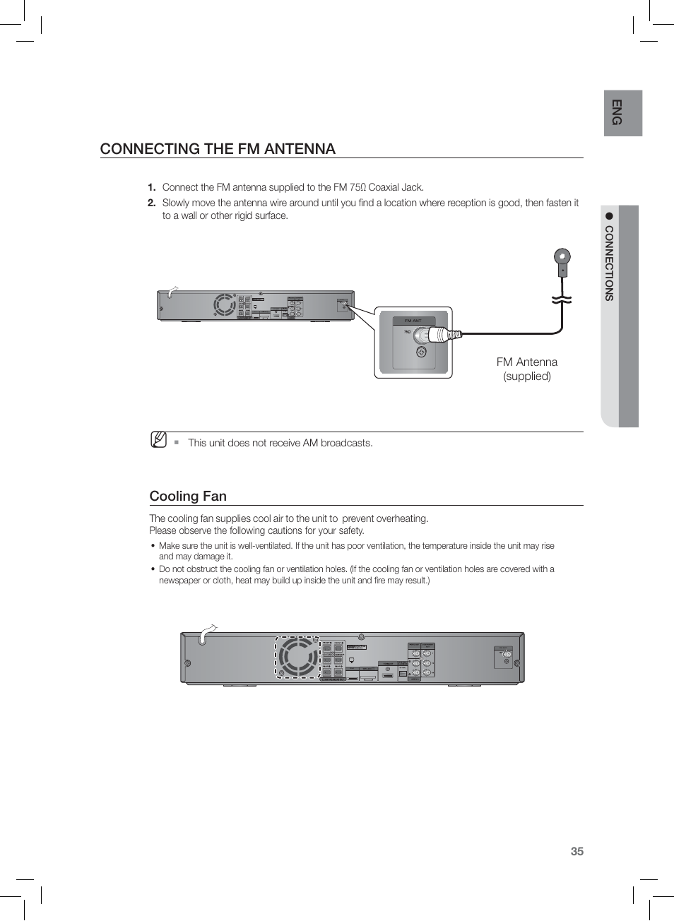 Conecting the fm antena, Cooling fan, Connecting the fm antenna | Samsung AH68-02166R User Manual | Page 35 / 78