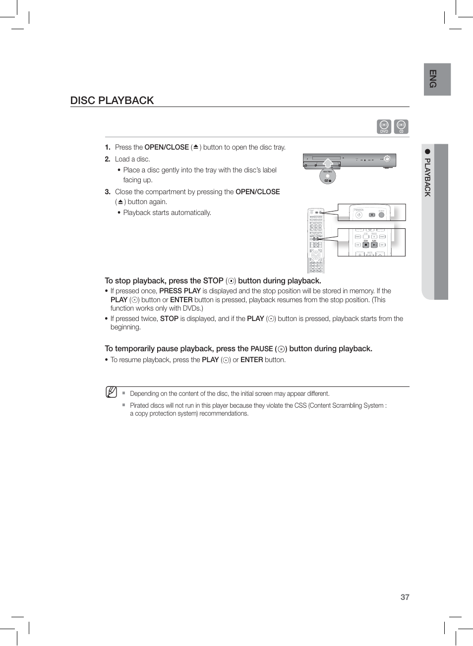 Disc playback | Samsung AH68-02166R User Manual | Page 37 / 78