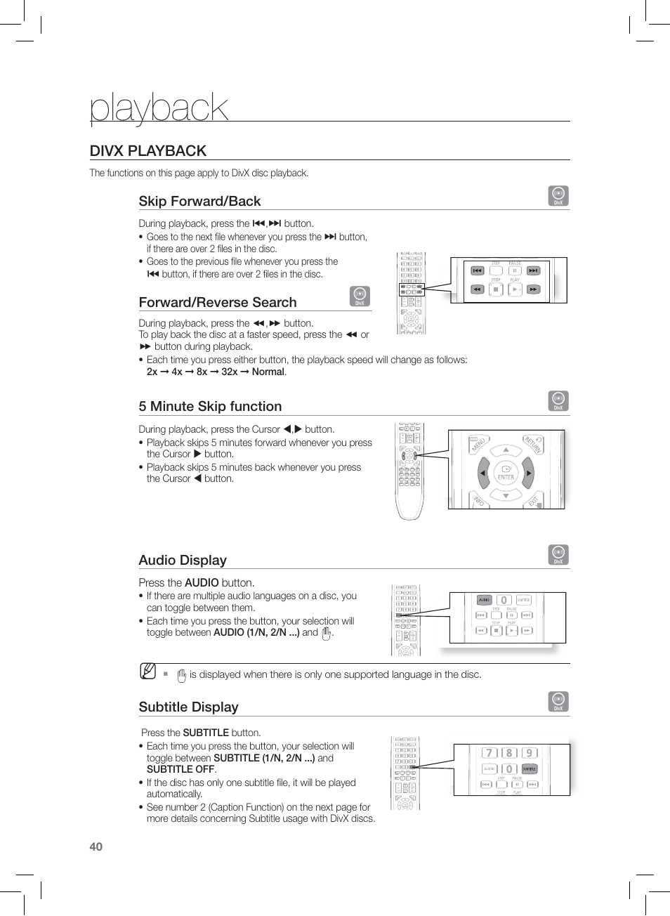 Playback, Divx playback | Samsung AH68-02166R User Manual | Page 40 / 78
