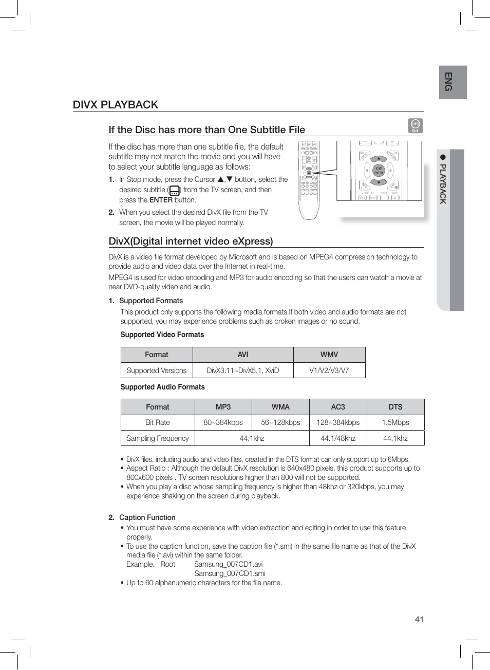 Divx playback, If the disc has more than one subtitle file, Divx(digital internet video express) | Samsung AH68-02166R User Manual | Page 41 / 78
