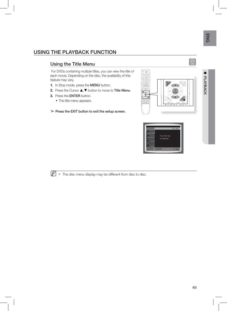 Using the playback function, Using the title menu | Samsung AH68-02166R User Manual | Page 49 / 78