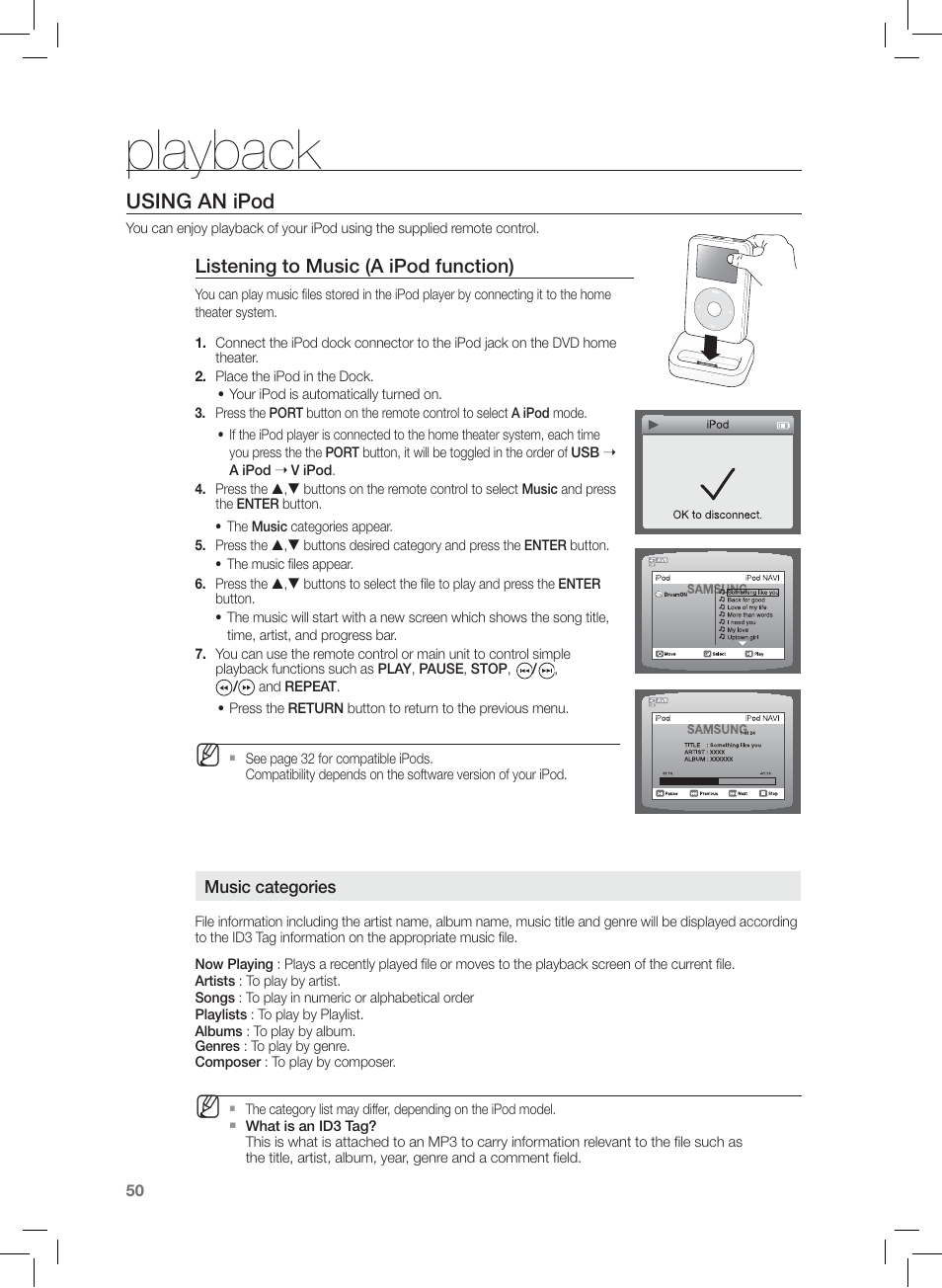 Playback, Using an ipod | Samsung AH68-02166R User Manual | Page 50 / 78