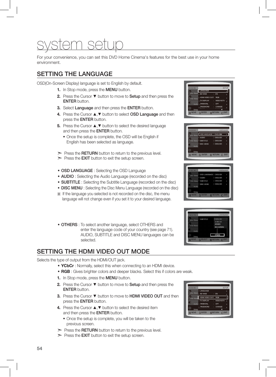 System setup, Seting the language, Seting the hdmi video out mode | Setting the language, Setting the hdmi video out mode | Samsung AH68-02166R User Manual | Page 54 / 78