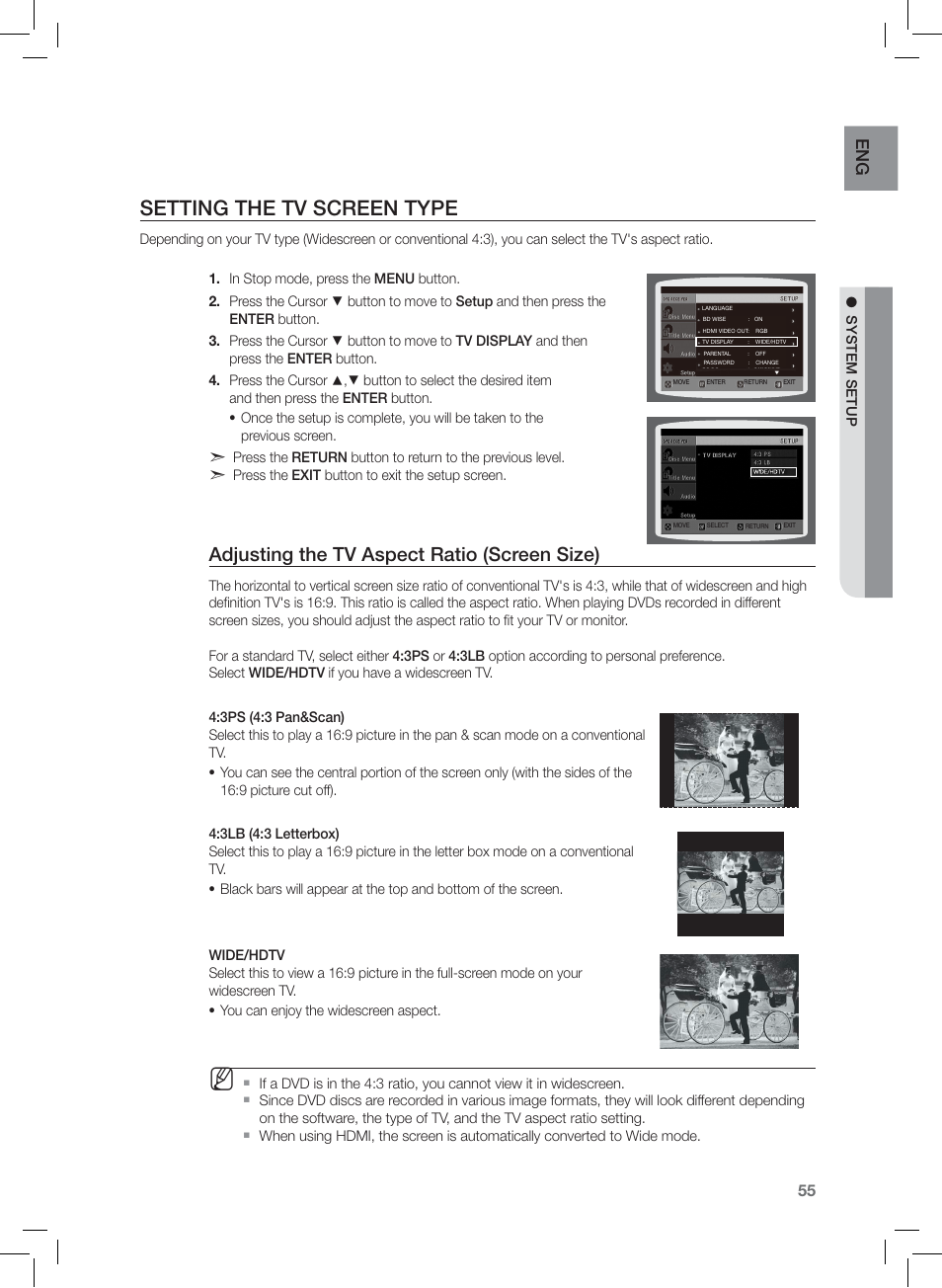Seting the tv screen type, Setting the tv screen type, Adjusting the tv aspect ratio (screen size) | En g | Samsung AH68-02166R User Manual | Page 55 / 78