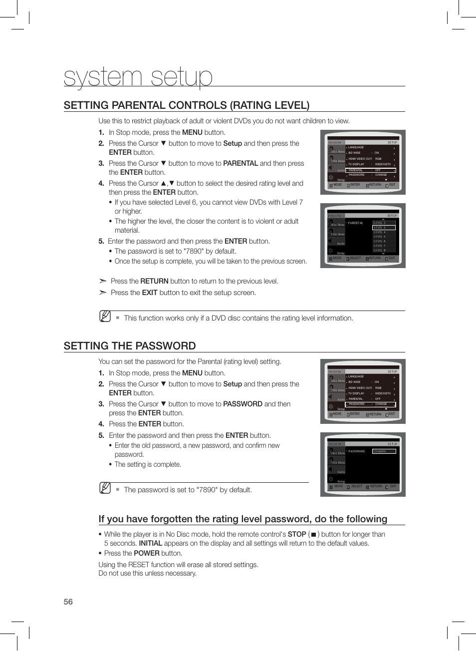 Seting parental controls (rating level), Seting the pasword, System setup | Setting parental controls (rating level), Setting the password | Samsung AH68-02166R User Manual | Page 56 / 78
