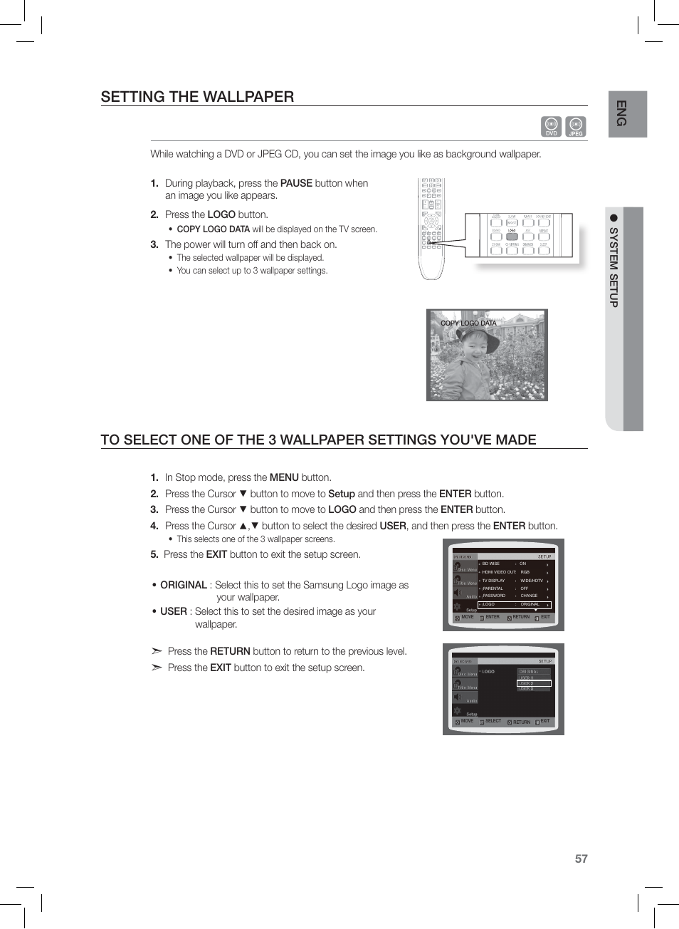Seting the walpape r, Setting the wallpaper, En g | Samsung AH68-02166R User Manual | Page 57 / 78