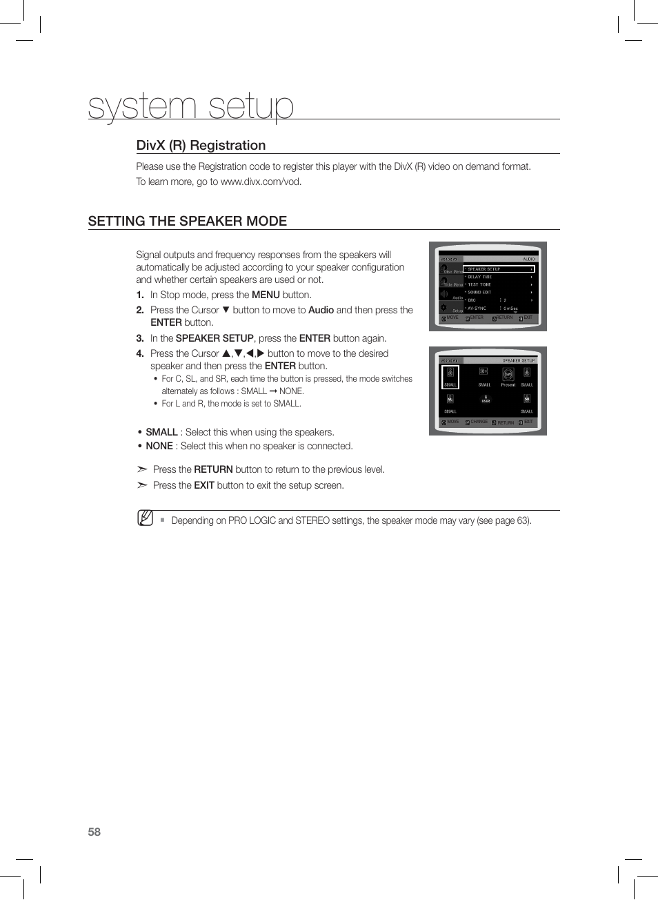 Seting the speaker mode, System setup, Divx (r) registration | Setting the speaker mode | Samsung AH68-02166R User Manual | Page 58 / 78