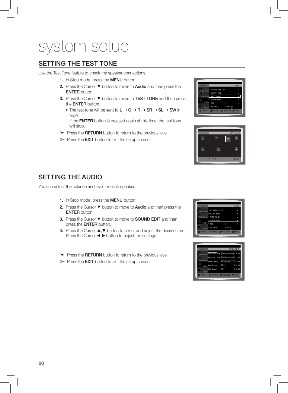 Seting the test tone, Seting the audio, System setup | Setting the test tone, Setting the audio | Samsung AH68-02166R User Manual | Page 60 / 78