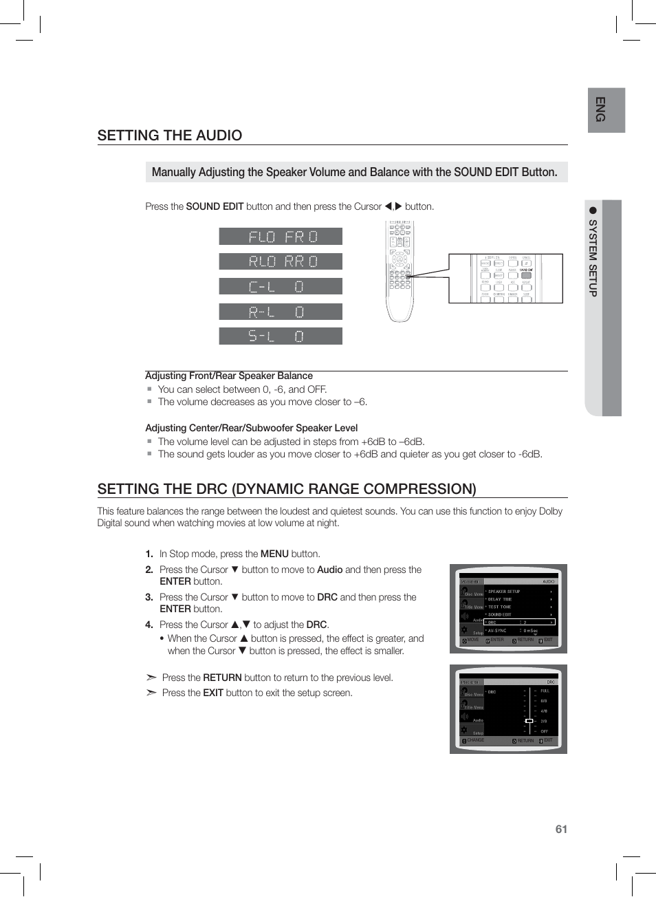 Seting the drc (dynamic range compresion), Setting the audio, Setting the drc (dynamic range compression) | En g | Samsung AH68-02166R User Manual | Page 61 / 78