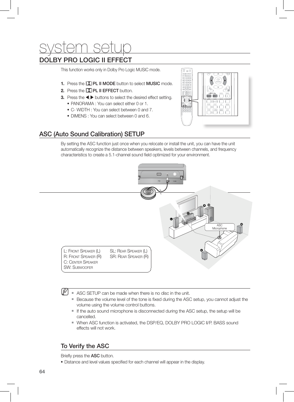 Dolby pro logic ii effect, Asc (auto sound calibration) setup, System setup | Samsung AH68-02166R User Manual | Page 64 / 78