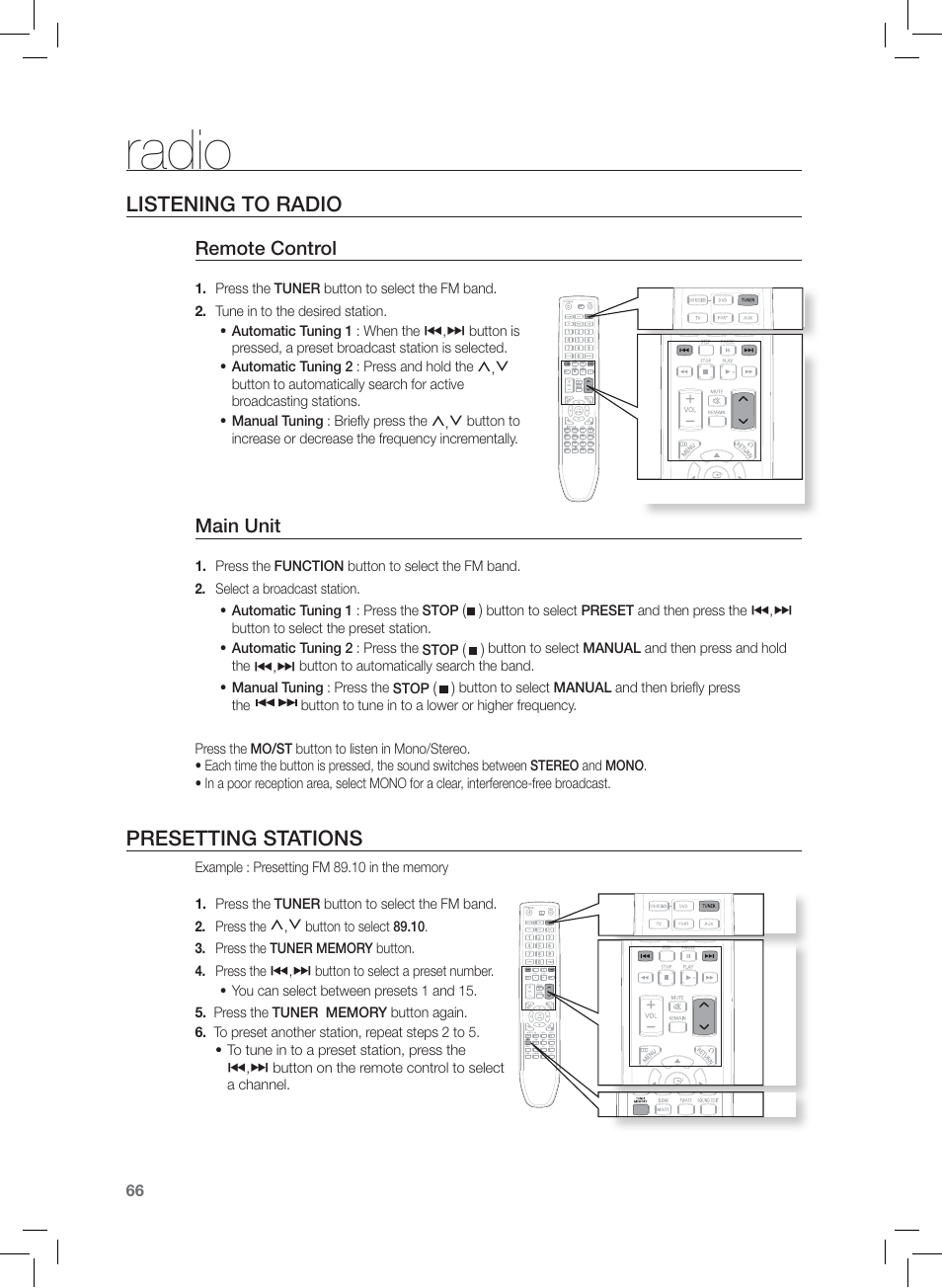 Radio, Listening to radio, Preseting stations | Presetting stations, Remote control, Main unit | Samsung AH68-02166R User Manual | Page 66 / 78