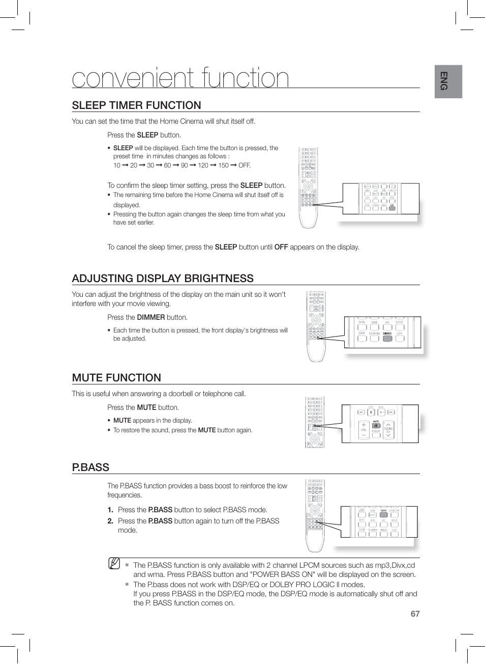 Convenient function, Slep timer function, Adjusting display brightnes | Mute function, P.bass, Sleep timer function, Adjusting display brightness | Samsung AH68-02166R User Manual | Page 67 / 78