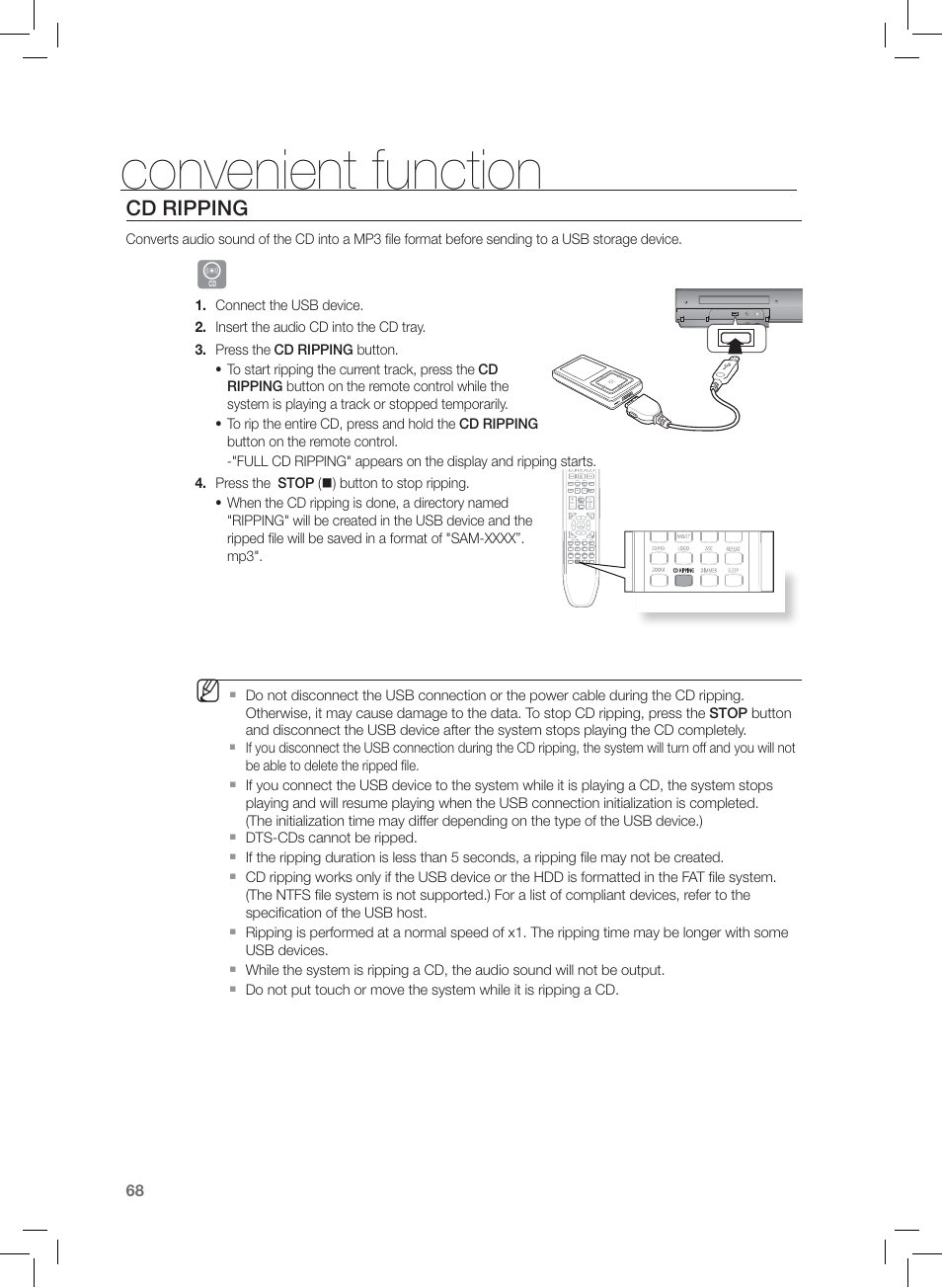 Cd ripping, Convenient function | Samsung AH68-02166R User Manual | Page 68 / 78