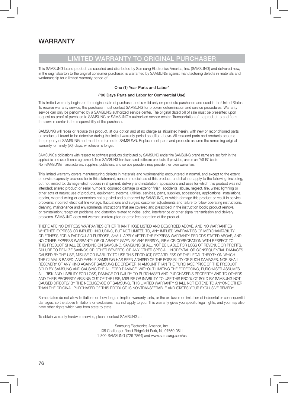 Warranty, Warranty limited warranty to original purchaser | Samsung AH68-02166R User Manual | Page 76 / 78