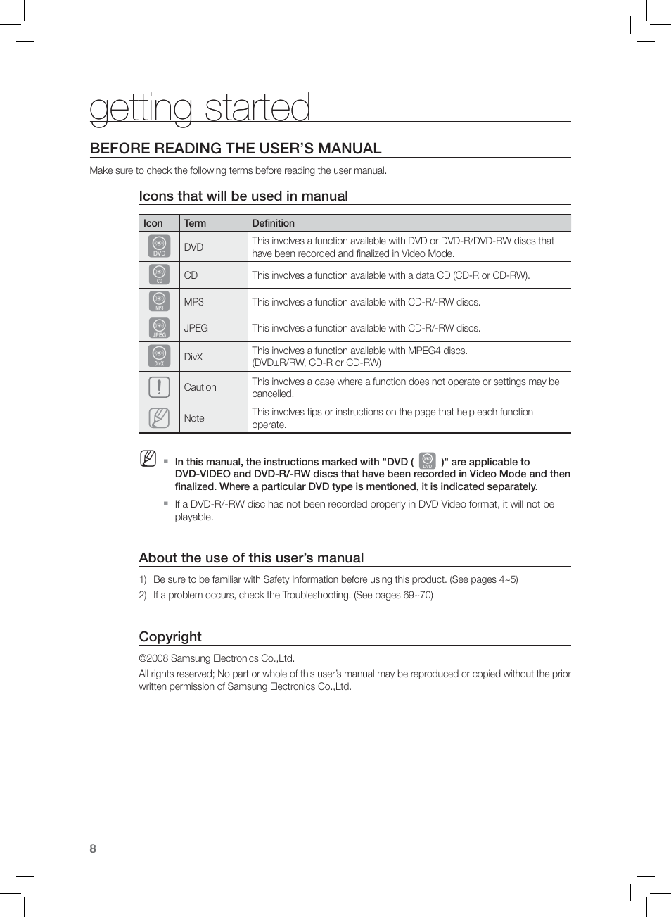 Getting started | Samsung AH68-02166R User Manual | Page 8 / 78