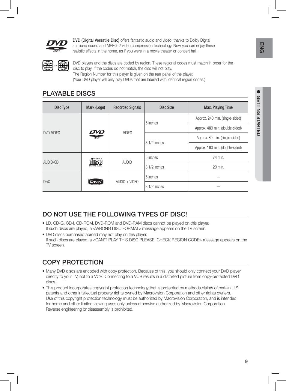 Playable discs, Do not use the following types of disc, Copy protection | En g | Samsung AH68-02166R User Manual | Page 9 / 78