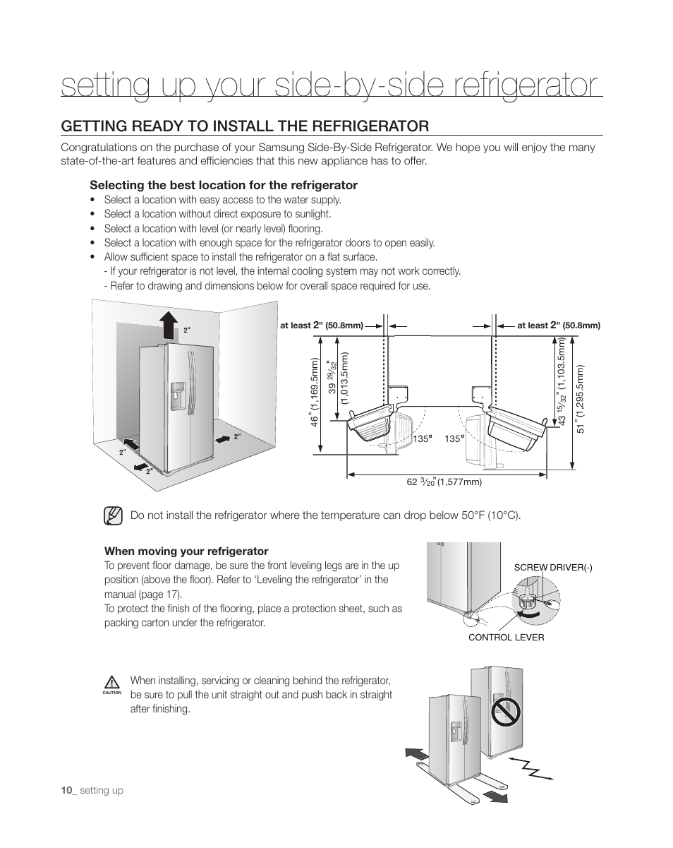 Setting up your side-by-side refrigerator, Getting ready to install the refrigerator | Samsung DA68-01890C User Manual | Page 10 / 68