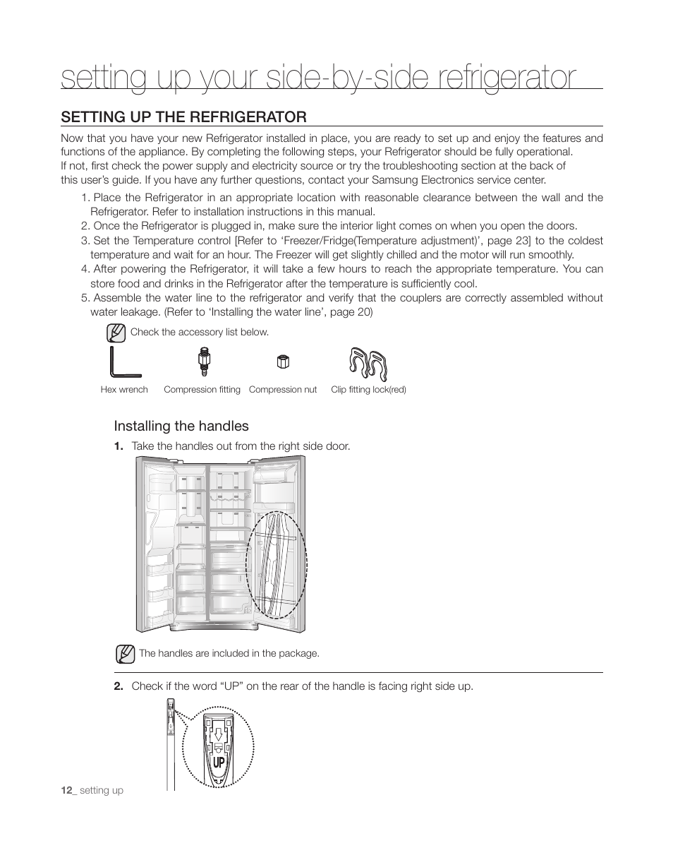 Setting up your side-by-side refrigerator, Setting up the refrigerator, Installing the handles | Samsung DA68-01890C User Manual | Page 12 / 68