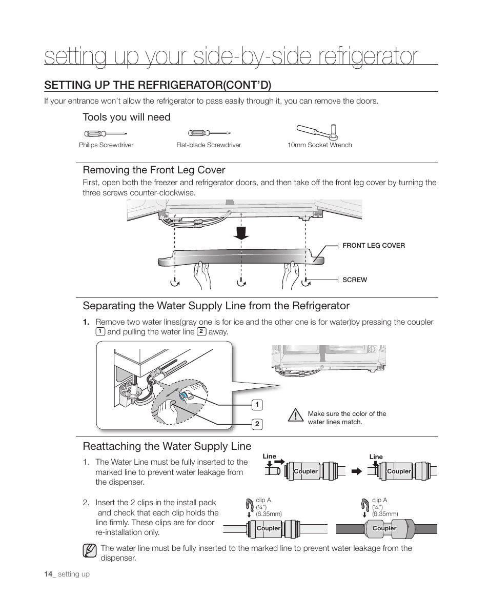 Setting up your side-by-side refrigerator, Setting up the refrigerator(cont’d), Reattaching the water supply line | Tools you will need removing the front leg cover | Samsung DA68-01890C User Manual | Page 14 / 68