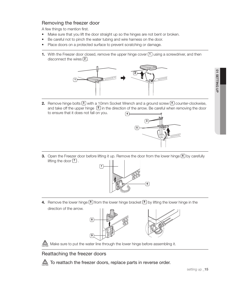 Removing the freezer door, Reattaching the freezer doors | Samsung DA68-01890C User Manual | Page 15 / 68