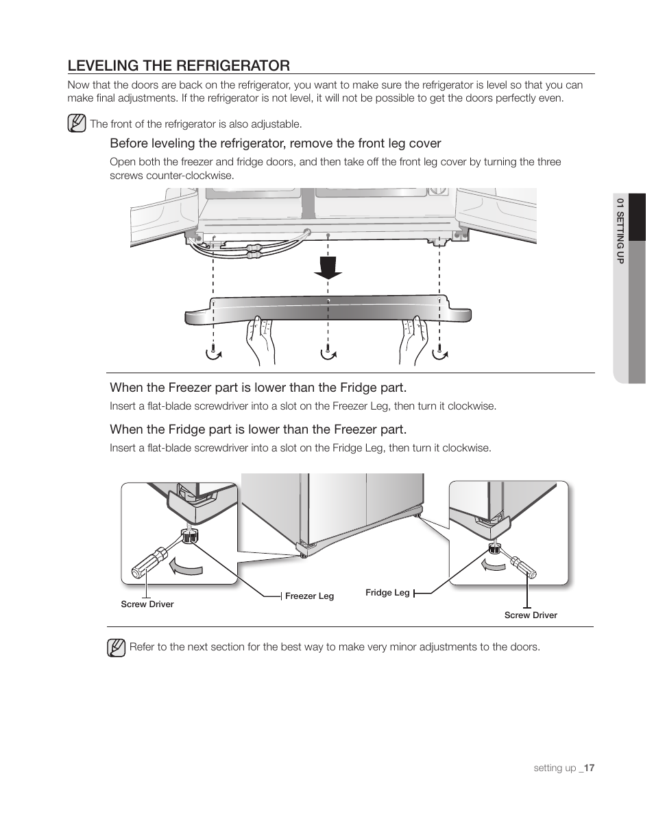 Leveling the refrigerator | Samsung DA68-01890C User Manual | Page 17 / 68