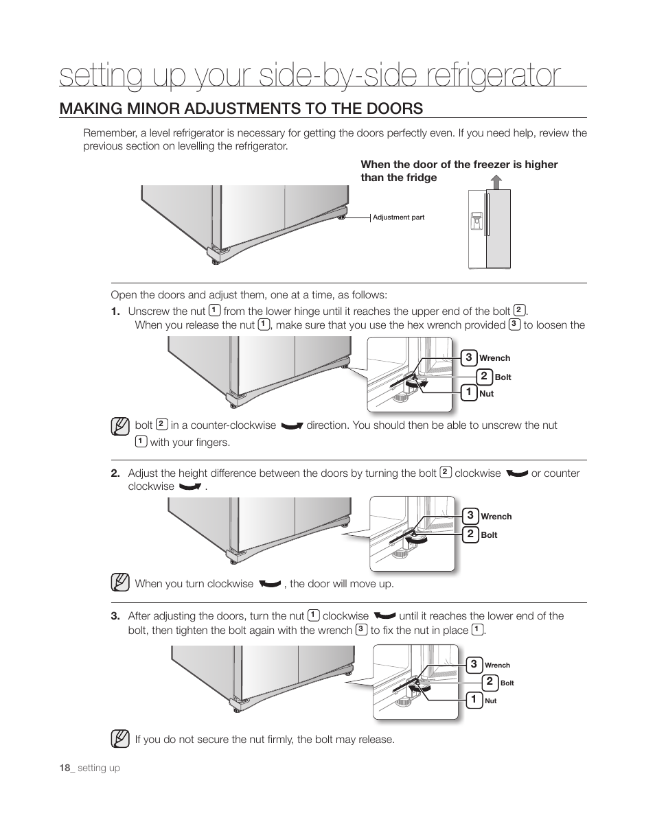 Setting up your side-by-side refrigerator, Making minor adjustments to the doors | Samsung DA68-01890C User Manual | Page 18 / 68