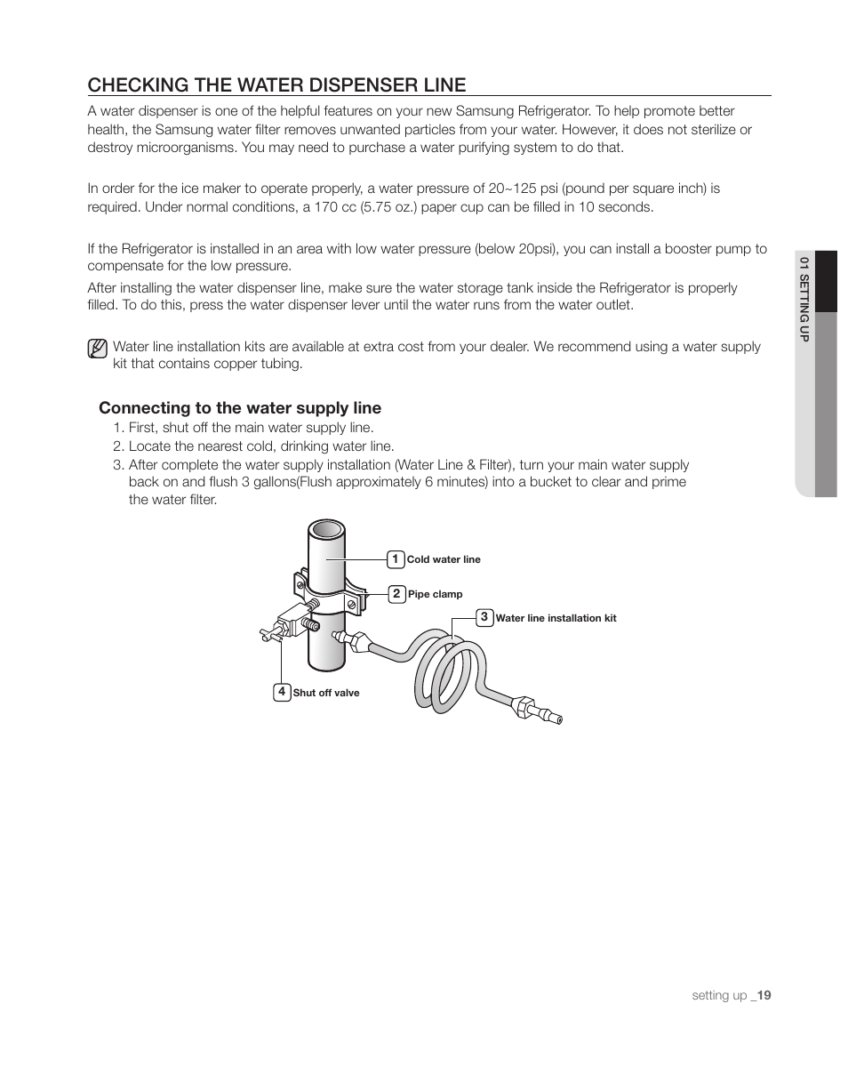 Checking the water dispenser line, Connecting to the water supply line | Samsung DA68-01890C User Manual | Page 19 / 68