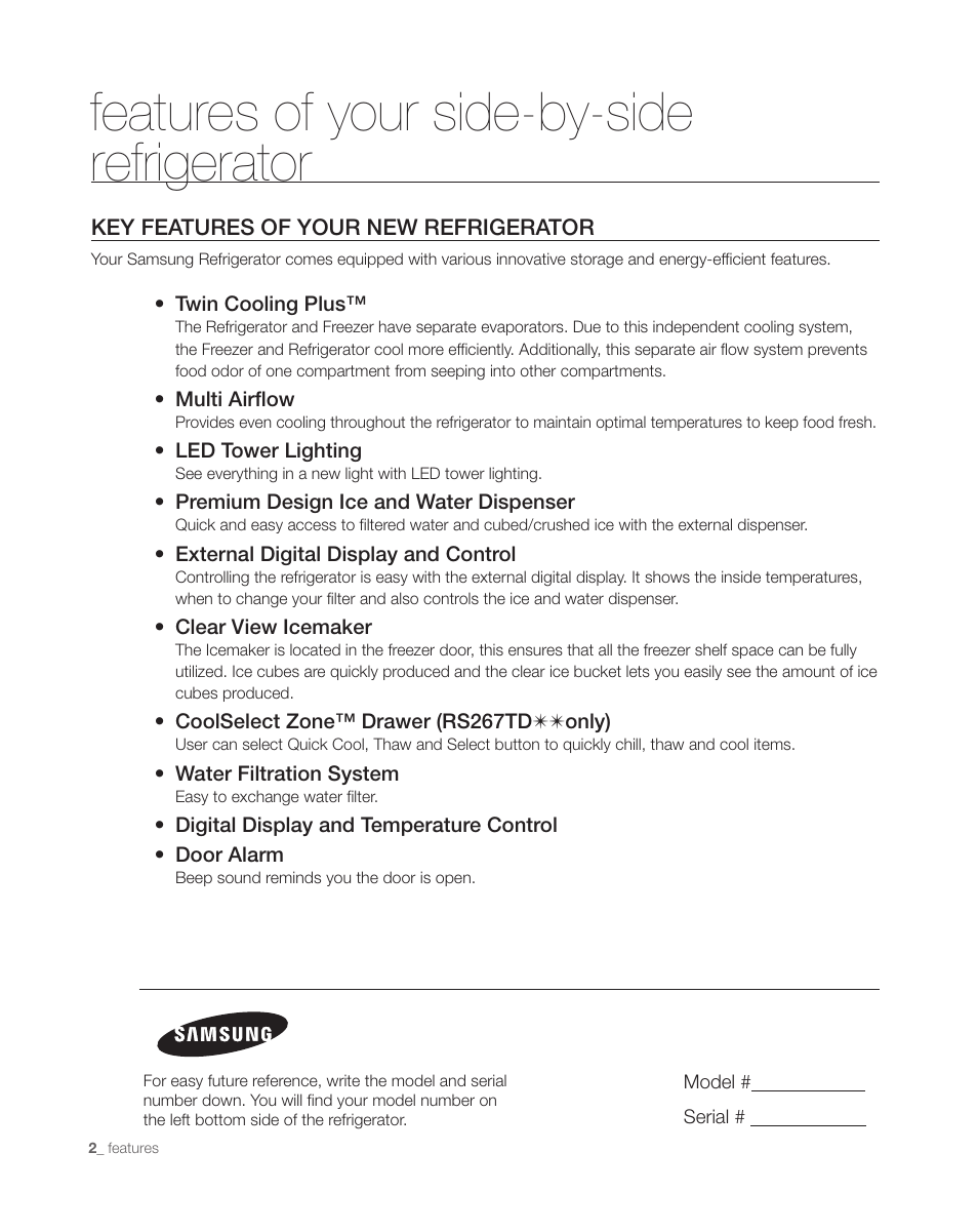 Features of your side-by-side refrigerator | Samsung DA68-01890C User Manual | Page 2 / 68
