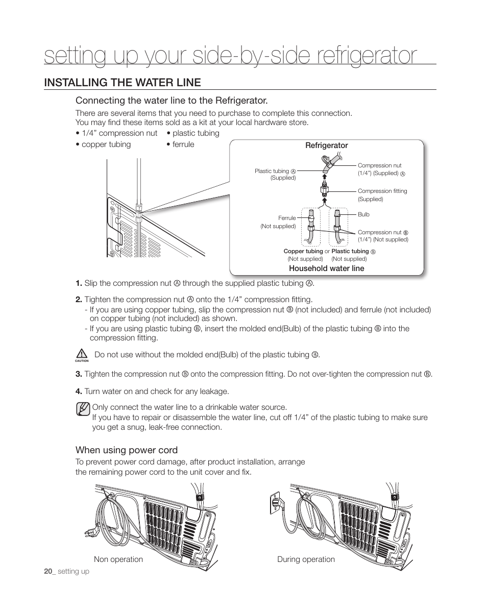 Setting up your side-by-side refrigerator, Installing the water line | Samsung DA68-01890C User Manual | Page 20 / 68