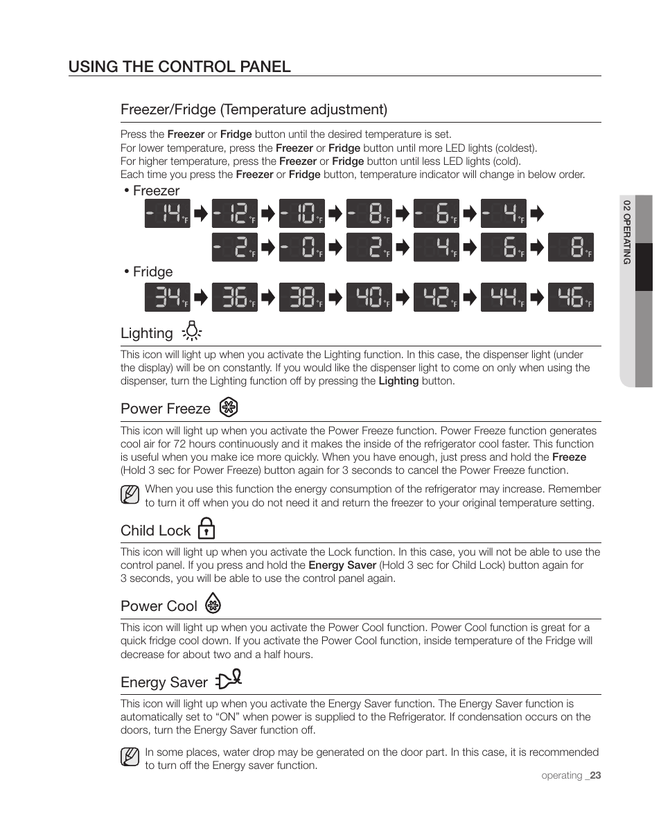 Using the control panel, Freezer/fridge (temperature adjustment), Lighting | Power freeze, Child lock, Power cool, Energy saver | Samsung DA68-01890C User Manual | Page 23 / 68