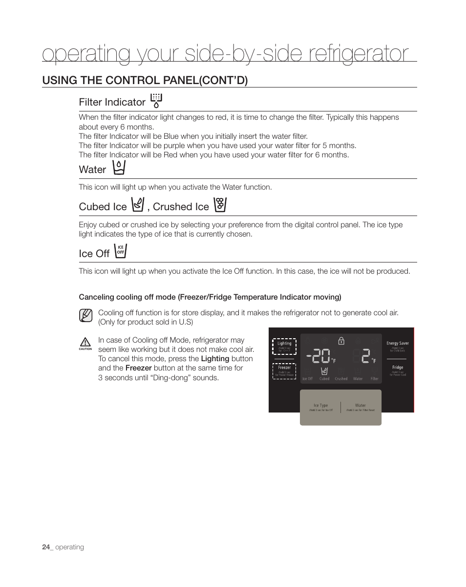 Operating your side-by-side refrigerator, Using the control panel(cont’d) | Samsung DA68-01890C User Manual | Page 24 / 68