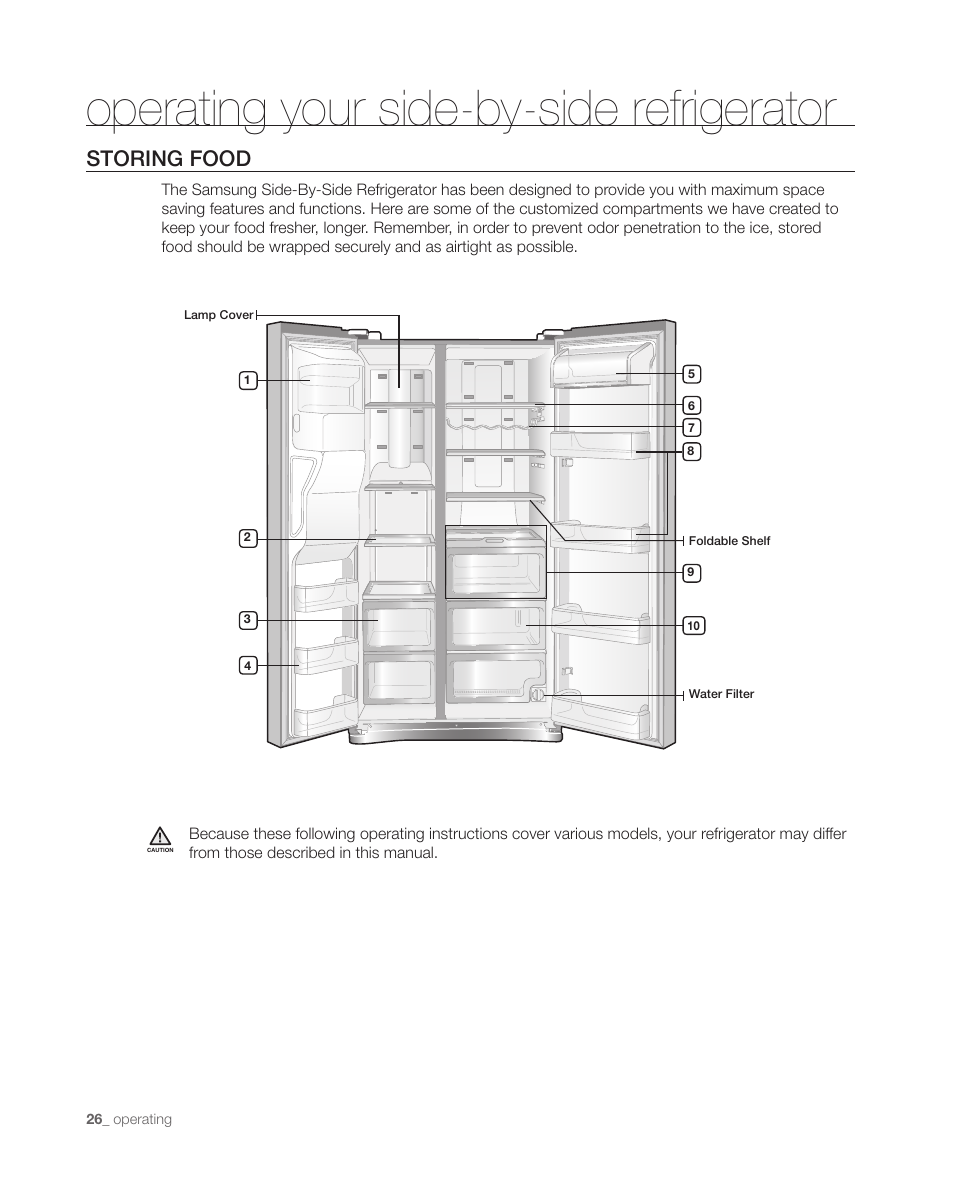 Operating your side-by-side refrigerator, Storing food | Samsung DA68-01890C User Manual | Page 26 / 68