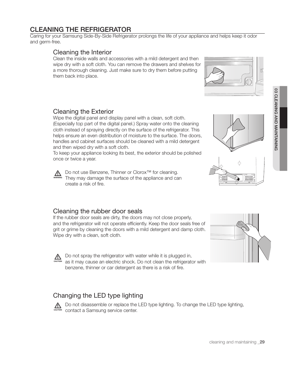 Cleaning the refrigerator, Cleaning the interior, Cleaning the exterior | Cleaning the rubber door seals, Changing the led type lighting | Samsung DA68-01890C User Manual | Page 29 / 68