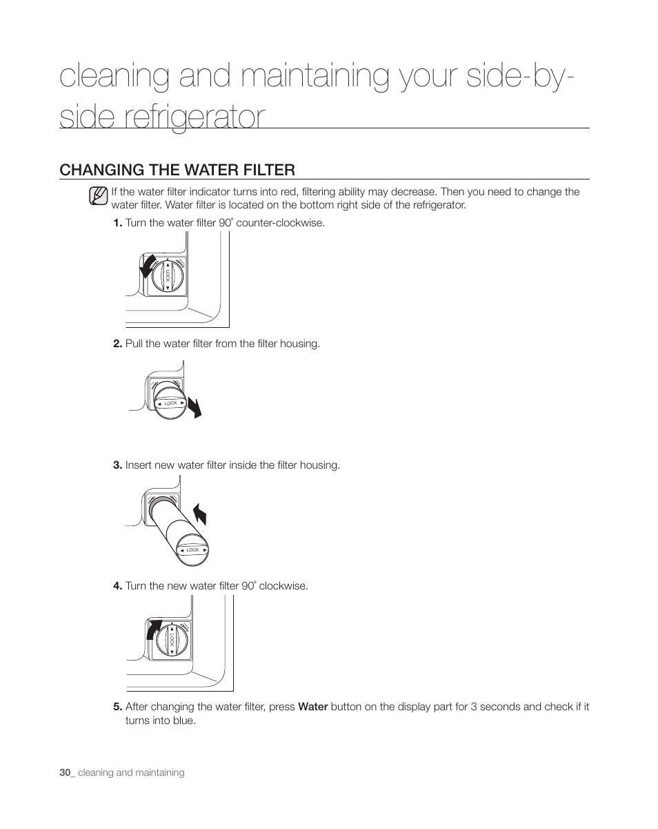 Changing the water filter, Cleaning and maintaining | Samsung DA68-01890C User Manual | Page 30 / 68