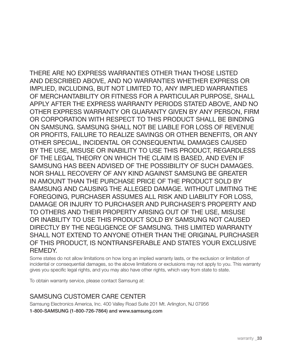 Samsung customer care center | Samsung DA68-01890C User Manual | Page 33 / 68