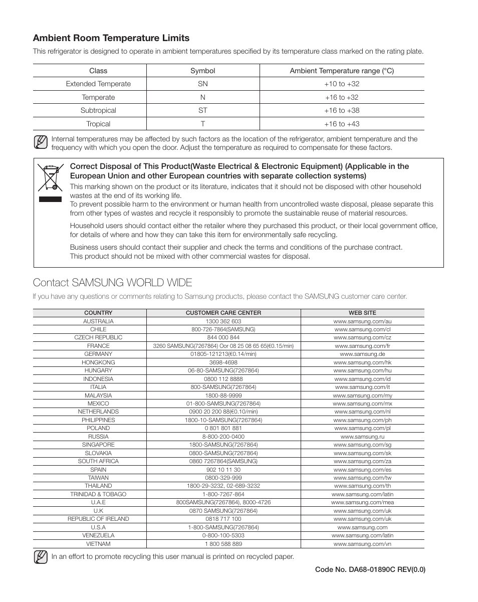 Contact samsung world wide, Ambient room temperature limits | Samsung DA68-01890C User Manual | Page 34 / 68