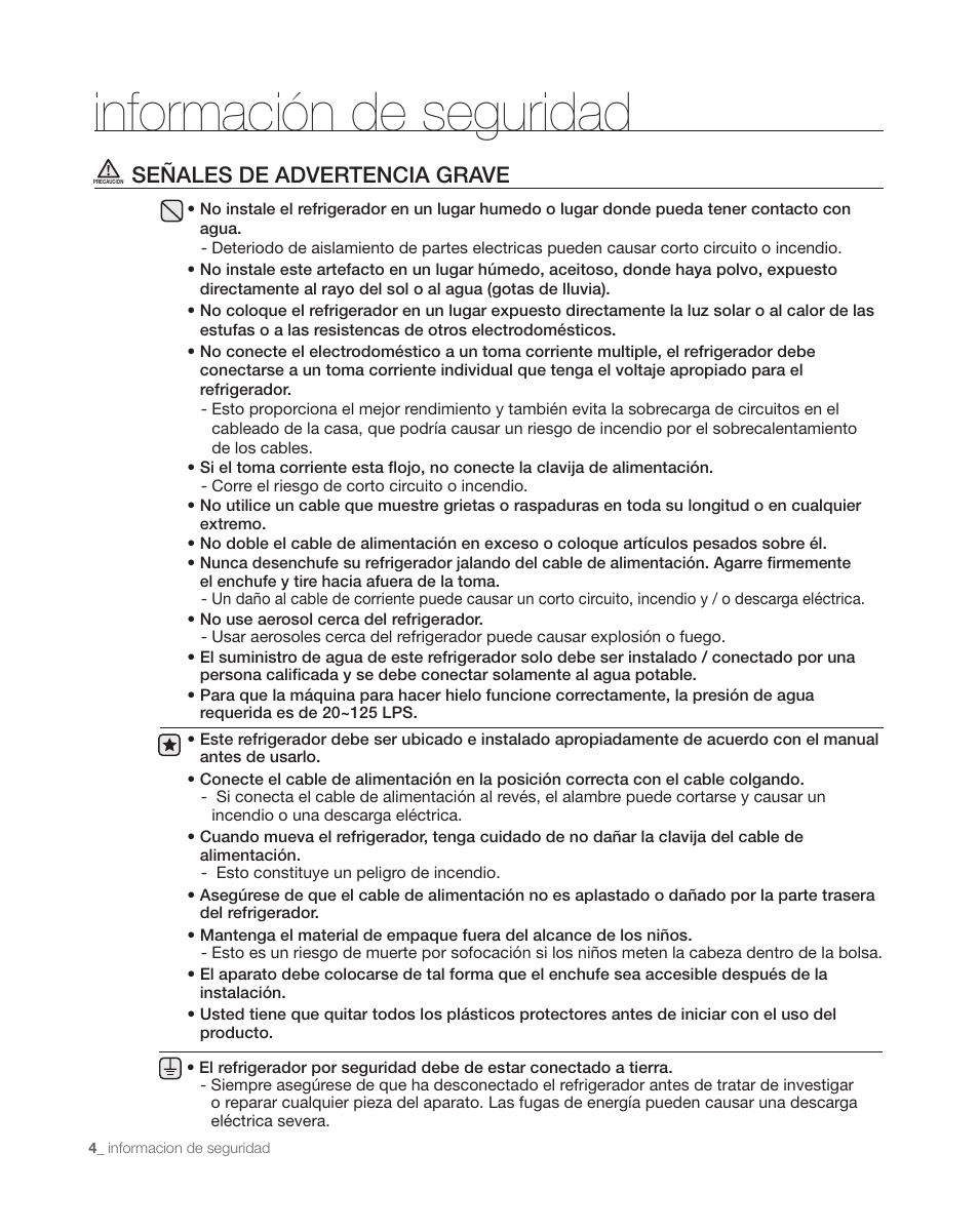 Información de seguridad, Señales de advertencia grave | Samsung DA68-01890C User Manual | Page 38 / 68