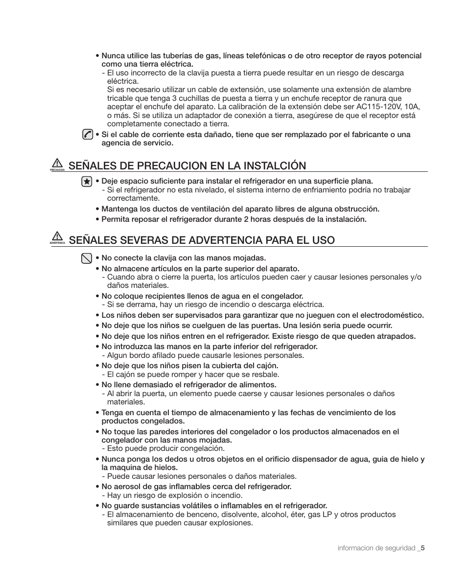 Señales de precaucion en la instalción, Señales severas de advertencia para el uso | Samsung DA68-01890C User Manual | Page 39 / 68