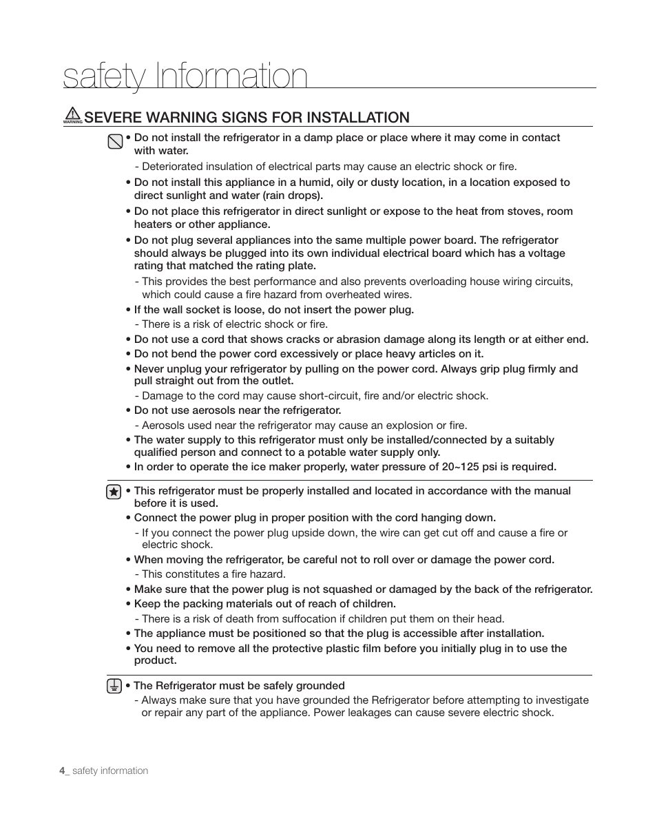 Safety information, Severe warning signs for installation | Samsung DA68-01890C User Manual | Page 4 / 68