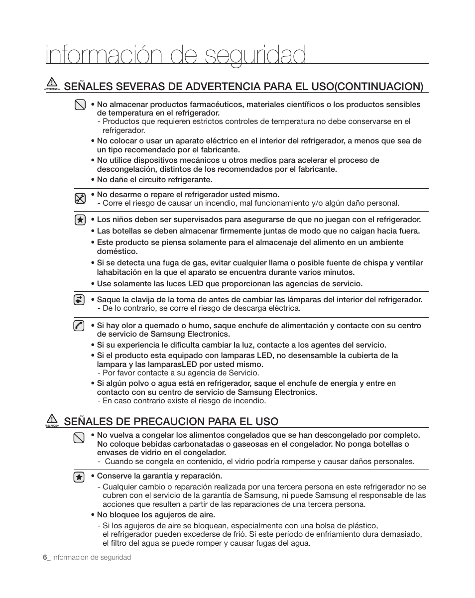 Información de seguridad, Señales de precaucion para el uso | Samsung DA68-01890C User Manual | Page 40 / 68