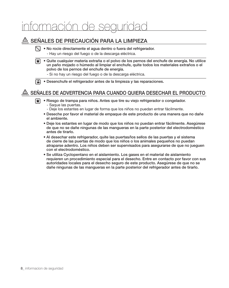 Información de seguridad, Señales de precaución para la limpieza | Samsung DA68-01890C User Manual | Page 42 / 68