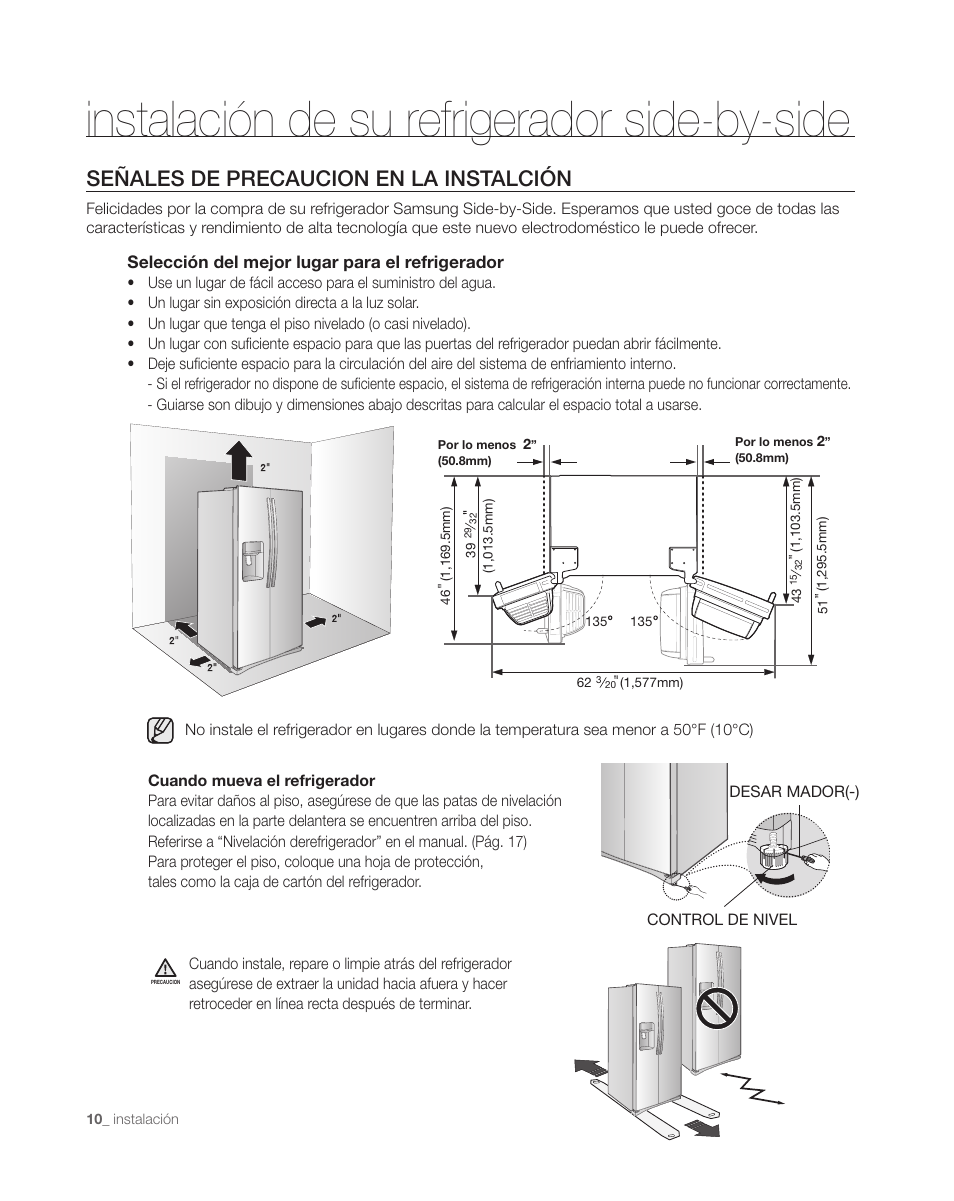 Instalación de su refrigerador side-by-side, Señales de precaucion en la instalción | Samsung DA68-01890C User Manual | Page 44 / 68