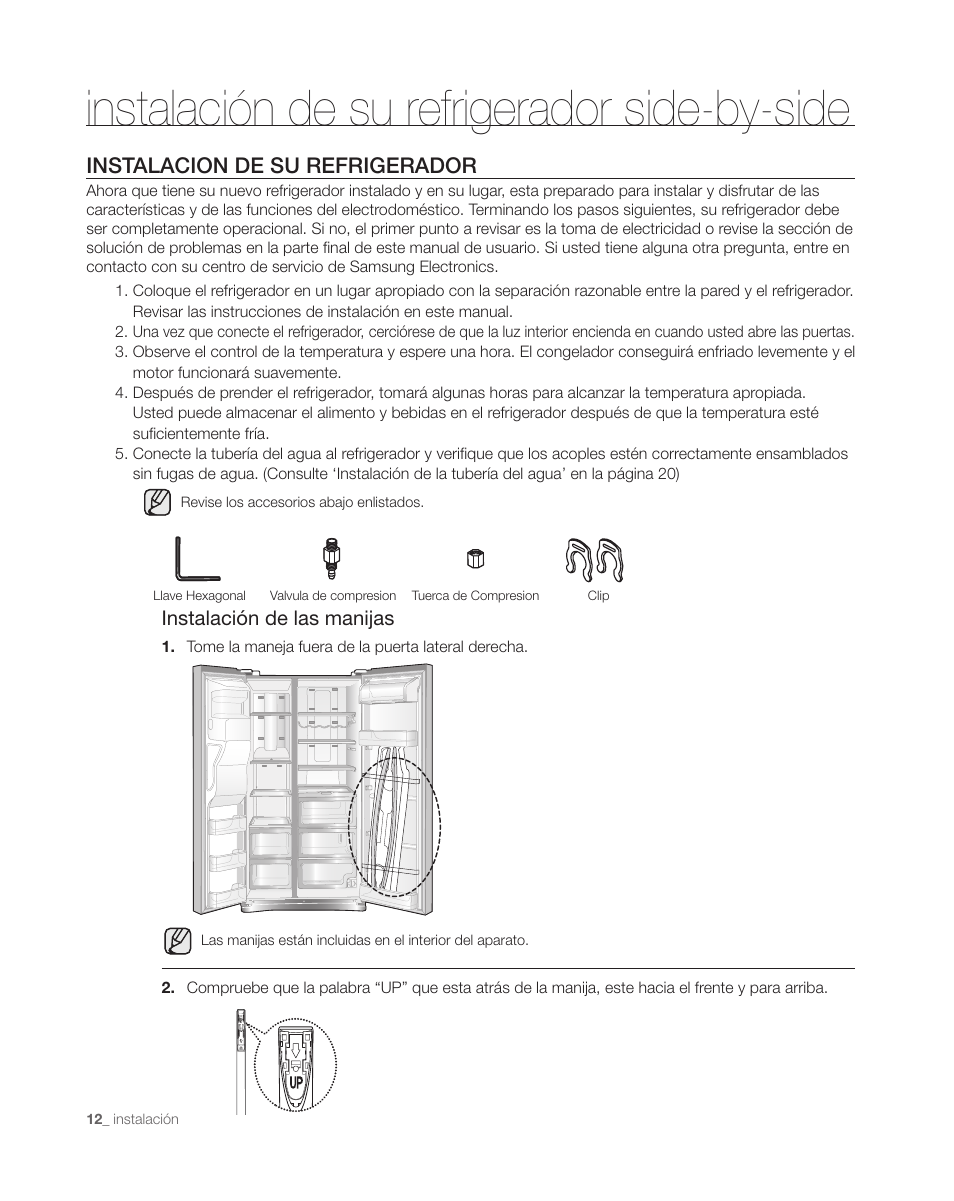 Instalación de su refrigerador side-by-side, Instalacion de su refrigerador, Instalación de las manijas | Samsung DA68-01890C User Manual | Page 46 / 68