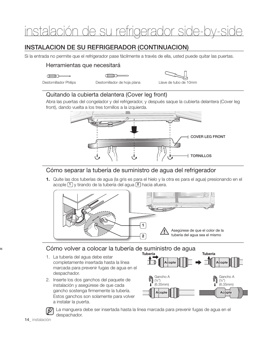 Instalación de su refrigerador side-by-side, Instalacion de su refrigerador (continuacion) | Samsung DA68-01890C User Manual | Page 48 / 68