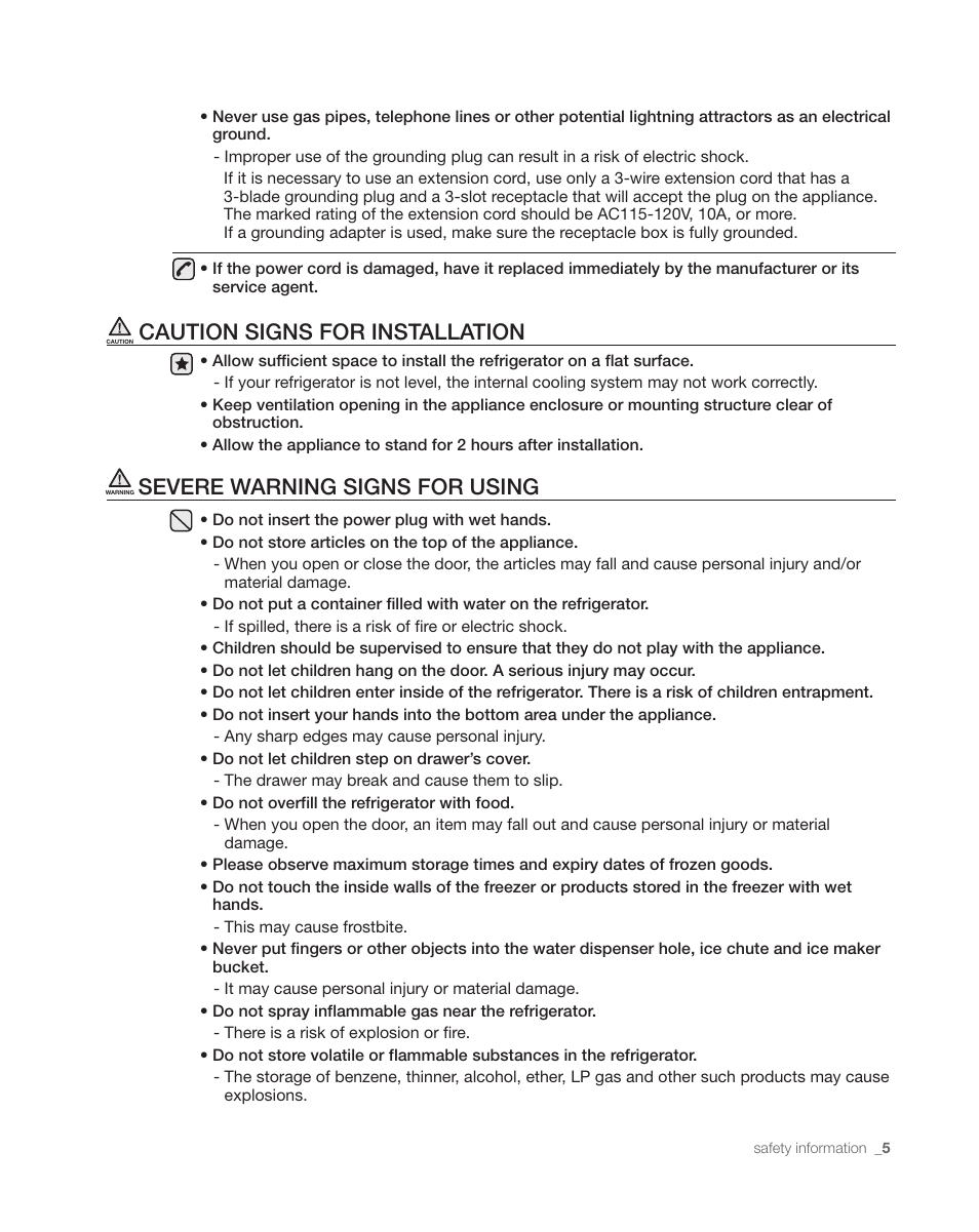 Caution signs for installation, Severe warning signs for using | Samsung DA68-01890C User Manual | Page 5 / 68
